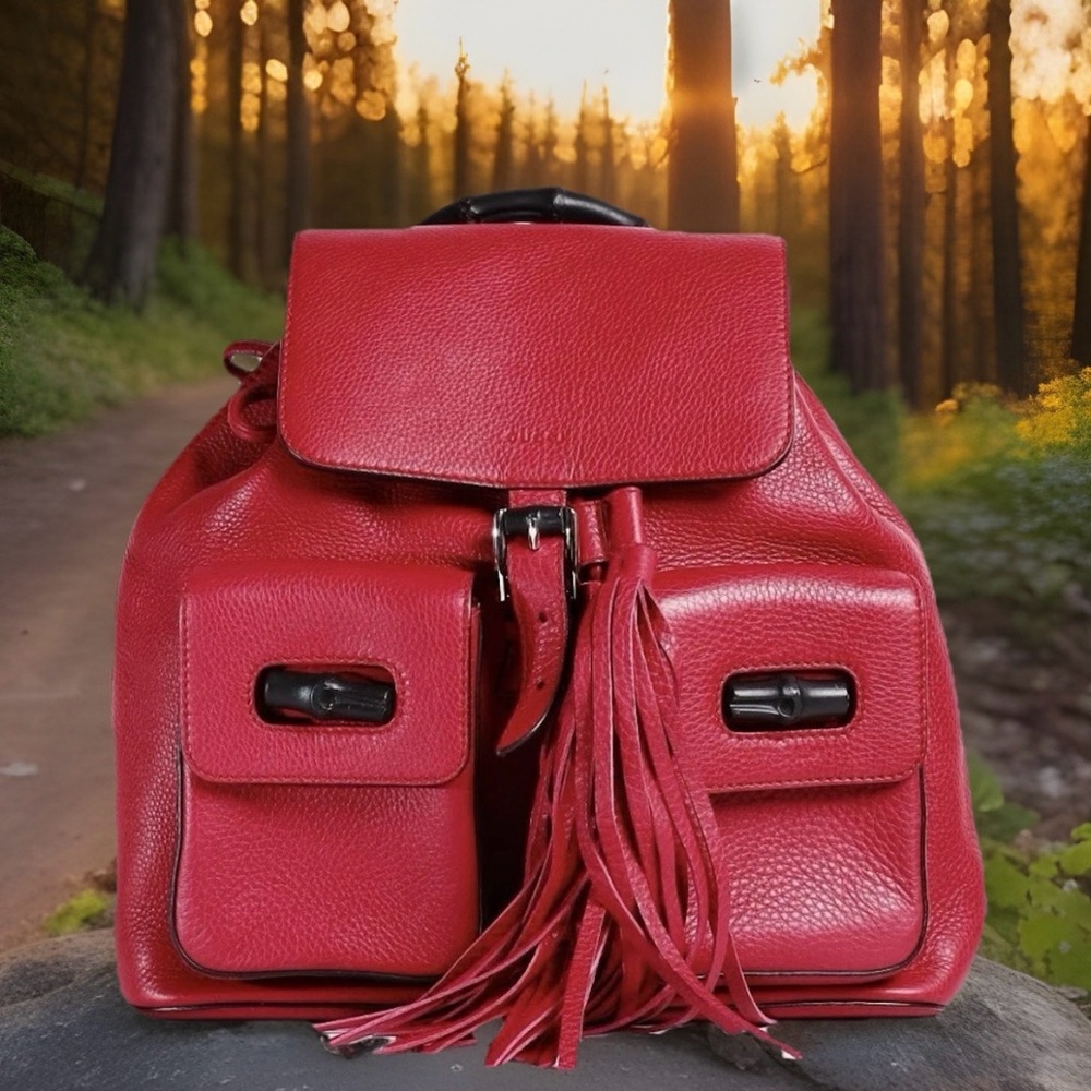 Gucci Bamboo Tassel Backpack Red Calfskin Leather Bag w/ COA – Very Good Cond.